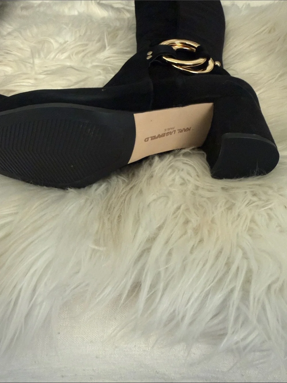 Karl Lagerfeld Black Suede Over-the-Knee Boots with Gold Ring Detail. NWOT